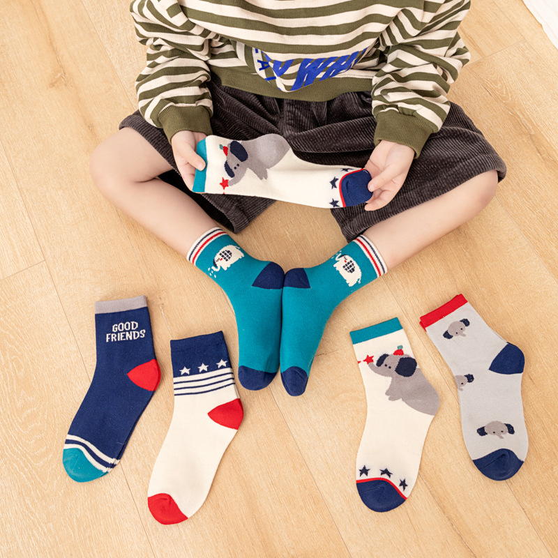 Cotton Crew Sock Pack - 5枚組 キッズ ボーイズ ソックス 漫画の象と星のストライプ柄プリント ソフトコットン